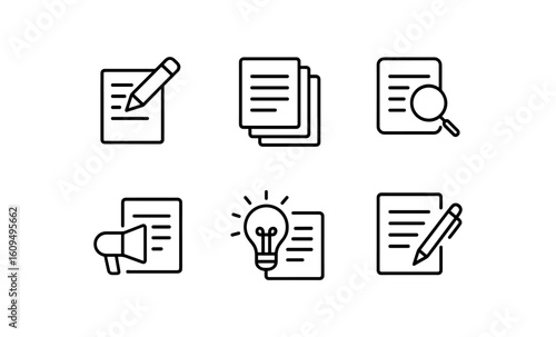 Minimalist document icons: writing, research, and ideas in linear style