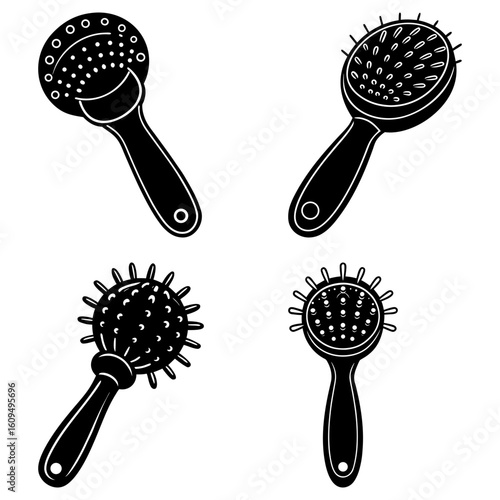 Illustration of four black and white massage tools with different head designs and handle shapes shown