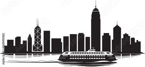 Hong Kong Skyline Silhouette Vector Illustration with Cityscape and Ferry Design