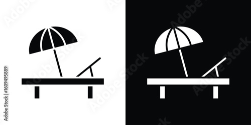 Beach chair with umbrella icon. black and white line icons pack.
