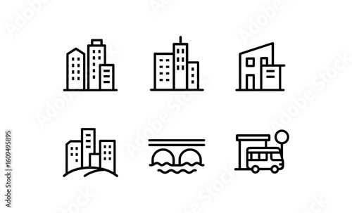 Minimalist urban buildings and transportation icons in linear style
