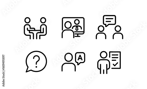 Business communication icons set: meetings, interviews, online chats, and consulting