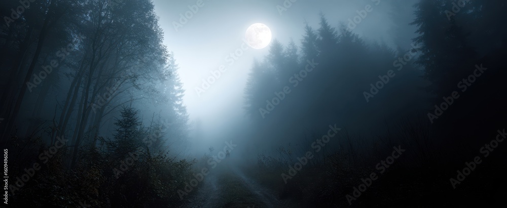 Fototapeta premium The haunting beauty of a foggy forest under a bright moon.