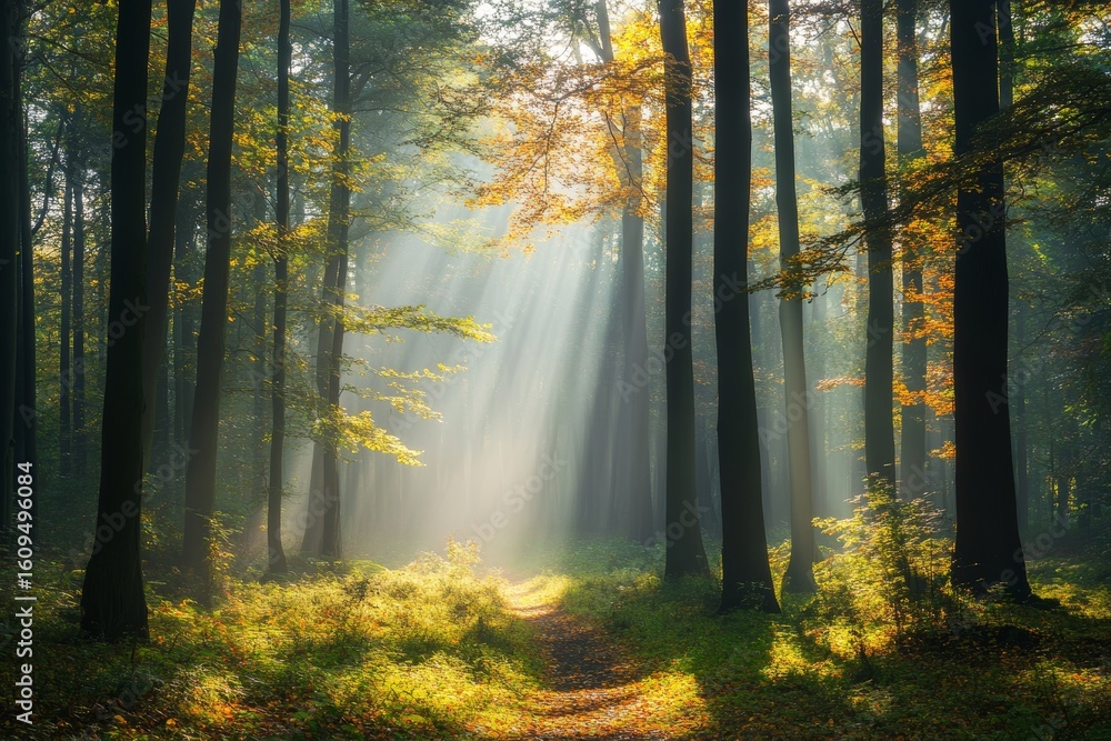 Obraz premium Pathway through an autumn forest that leads to the mountain's peak