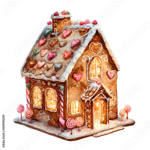 Watercolor vector illustration of Gingerbread House, isolated on white background.
