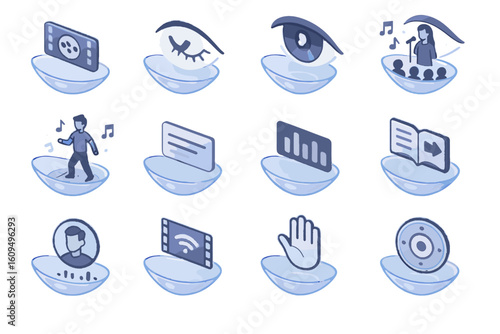 Blue contact lenses displaying various icons and symbols