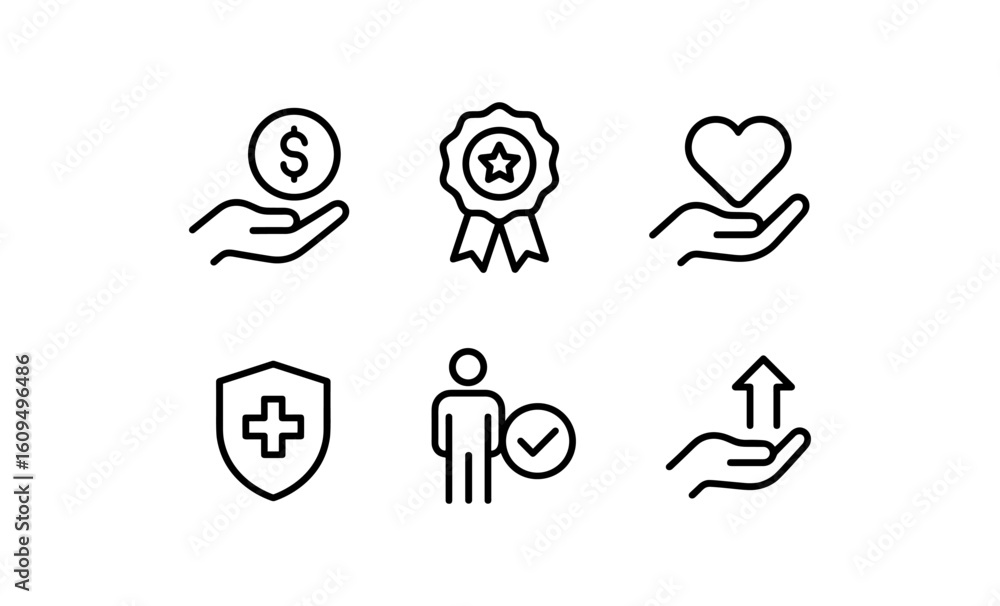 Fototapeta premium Minimalist icon set: money, award, heart, shield, people, growth