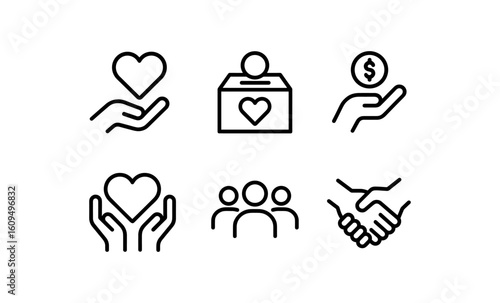 Charity and donation icons: outline style for fundraising and community support