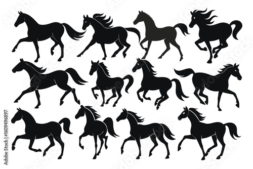 Collection of black horse silhouettes in various galloping poses