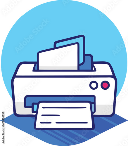 White printer with blue accents and paper output technology office