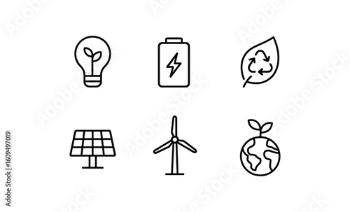 Eco-friendly icon set featuring renewable energy and sustainability concepts