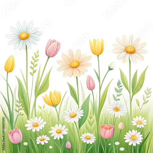 A vibrant meadow filled with blooming tulips and daisies