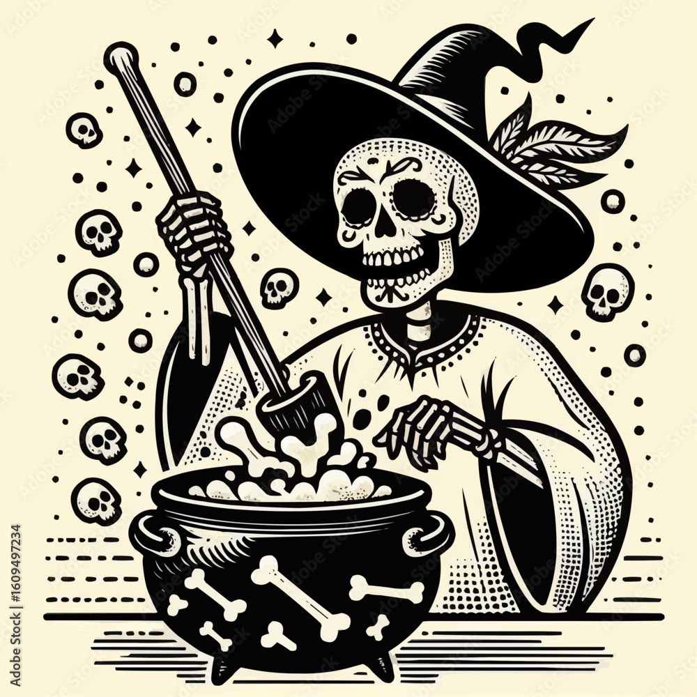 Fototapeta premium Skull-themed illustration of a skeleton witch stirring a cauldron for the Day of the Dead celebration