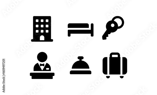 Hotel and hospitality icon set: simple black silhouette designs for travel and accommodation