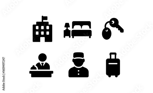 Hotel icon set featuring reception, room, luggage, and key symbols in silhouette style