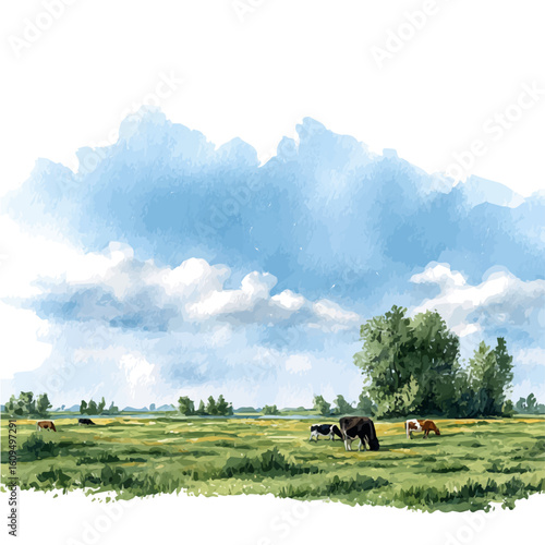 Grazing Field in watercolor style, vector illustration, isolated on white background.