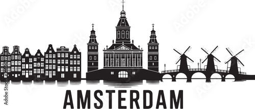 Amsterdam Skyline Silhouette Vector Illustration Depicting Dutch Architecture and Landmarks