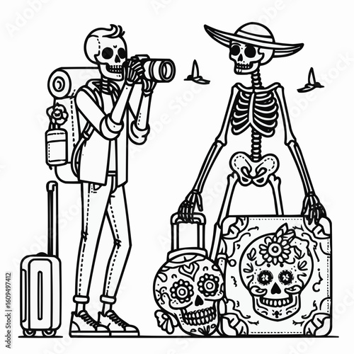 Whimsical illustration of a traveling skeleton taking photos with a friendly skeleton shopkeeper