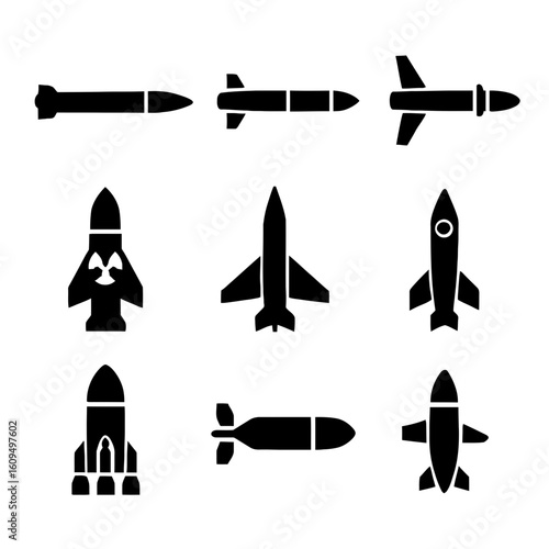 Collection of Black Silhouette Rockets and Jets on White Background for Aerospace and Space Exploration