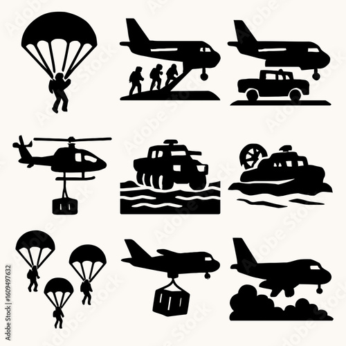 Silhouette Military Air and Sea Vehicles with Paratroopers and Helicopter in Black and White