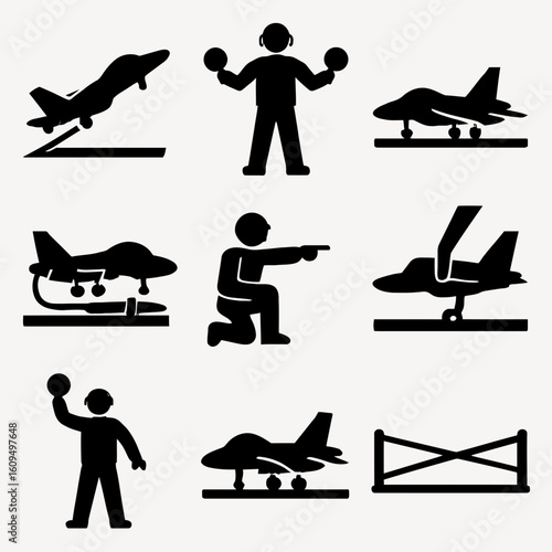 Silhouette of Child Playing with Airplanes and Toy Figures in Black and White
