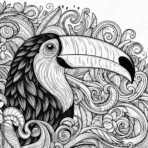 Intricate black and white illustration of a toucan surrounded by swirling patterns and detailed foliage
