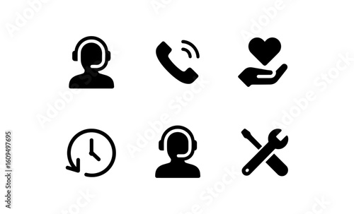 Customer service icons set: communication, support, and tools in black silhouette