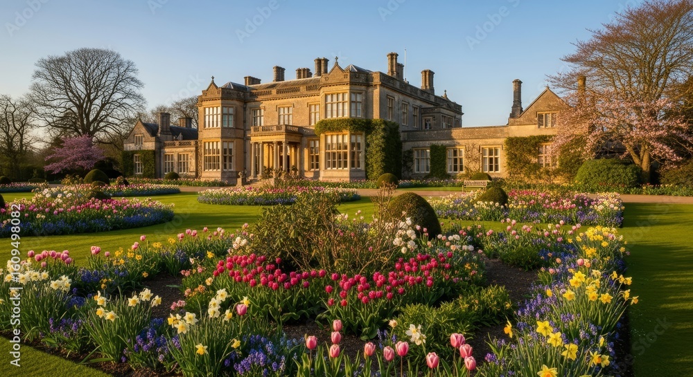 Fototapeta premium Majestic Manor House and Spring Garden - A stunning manor house with expansive gardens ablaze with colorful spring blooms. Perfect for luxury travel, real estate, or hospitality marketing
