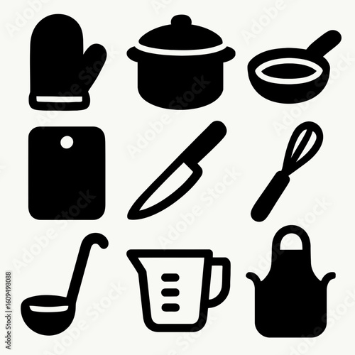 Black Kitchen Utensil Icons Set Including Oven Mitt Pot Lid Spoon Knife Whisk Measuring Cup and Apron