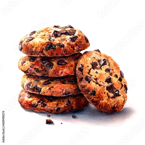 Chocolate Chip Cookies in watercolor style, vector illustration, isolated on white background.
