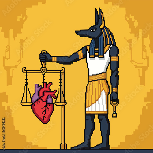 Anubis Pixel Art Weighing a Human Heart on Scales.
