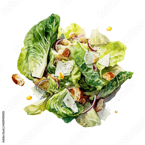 Watercolor vector illustration of Caesar Salad, isolated on white background.