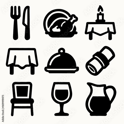 Set of Black Line Food and Dining Icons Featuring Knife Fork Roast Dinner Candle Tablecloth Cloche Salt Pepper Glass Wine Pitcher