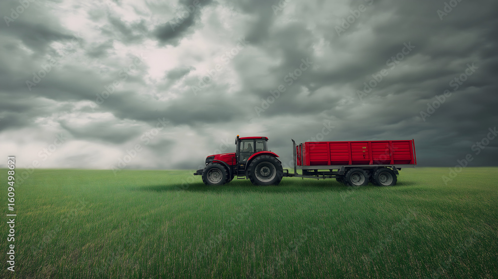 Fototapeta premium Tractor in Crop Field under Moody Clouds and Diffused Light