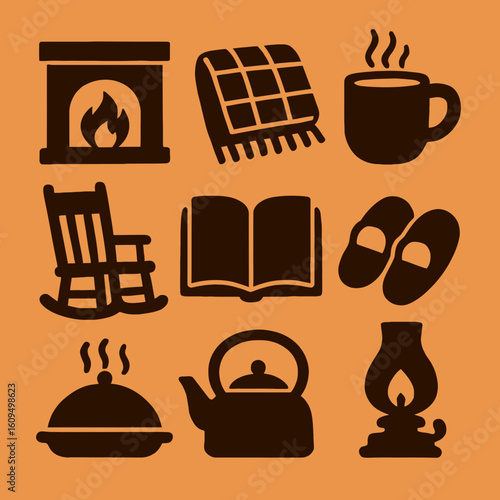 Cozy Fireplace Warmth with Mug Blanket Rocking Chair Open Book Slippers Teapot and Candle for Relaxation
