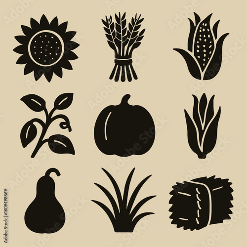 Set of Black Silhouette Garden Plant Icons with Sunflower Wheat Corn Pumpkin and Grass