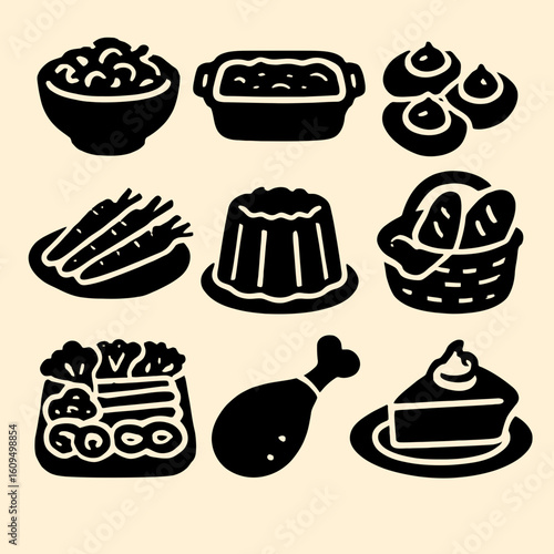 Black Silhouette Food Icons Set of Various Dishes and Ingredients