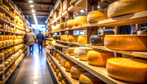 Cheese shop interior with rows of aged cheese wheels