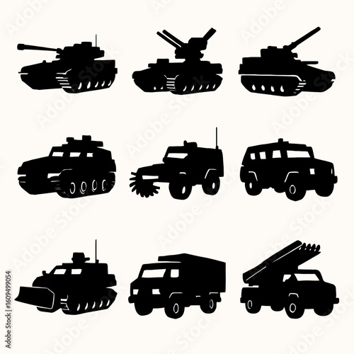 Silhouettes of Military Vehicles and Armored Trucks in Black and White Set
