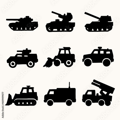 Collection of Silhouetted Military and Construction Vehicles on White Background