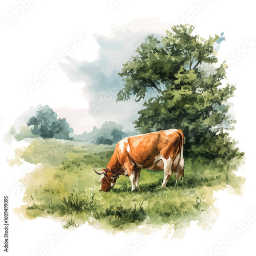 A watercolor painting of Grazing Field, vector illustration on white background.