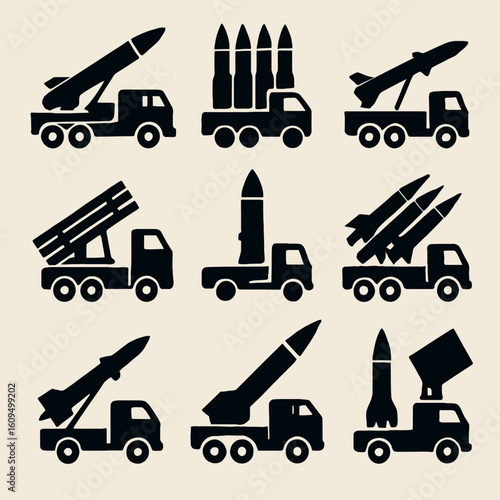 Collection of Black Rocket and Missile Silhouette Icons on Light Background