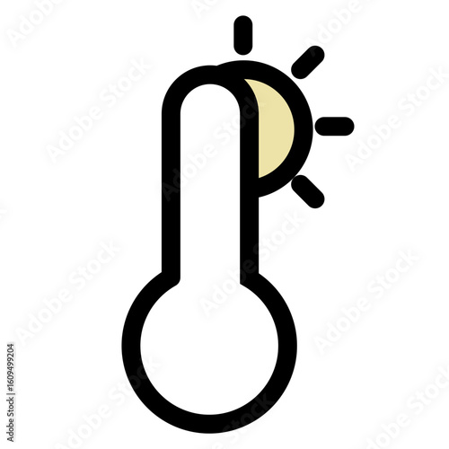 This image features a minimalistic icon design depicting a thermometer with a sun, suggesting high temperature or summer heat.
