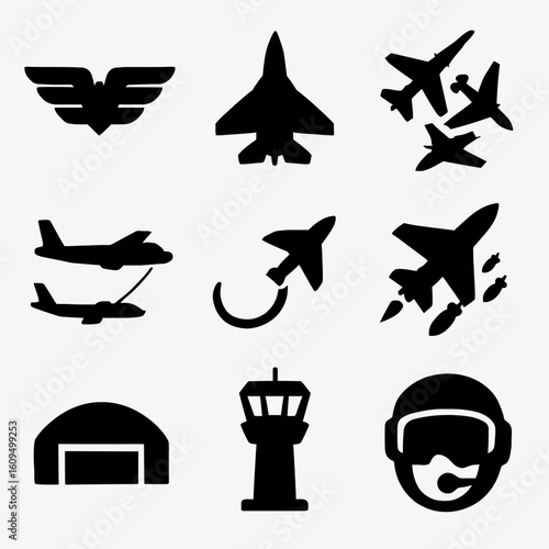 Collection of Black Silhouettes of Military and Aviation Icons on White Background