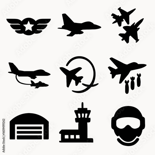Set of Military and Aviation Icons in Black Silhouettes for Technology and Defense Themes