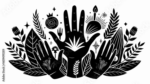 Mystical hands surrounded by nature and celestial elements