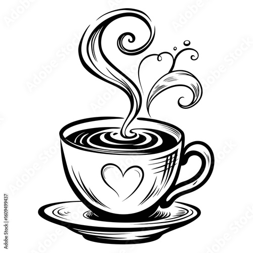 Stylized black and white drawing of a steaming coffee cup with a heart