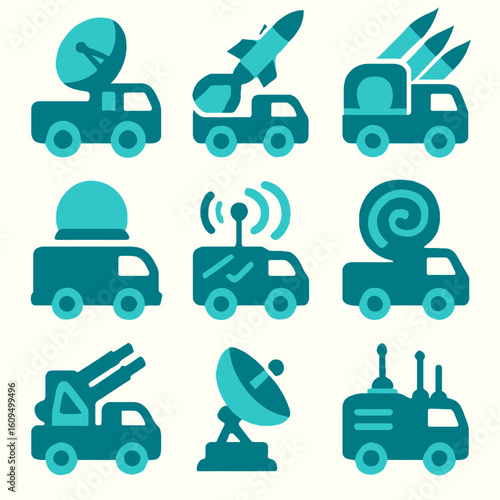 Collection of Blue Satellite and Communication Vehicle Icons for Technology and Space Concepts
