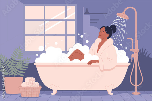 Relaxing Bath Time A Woman Enjoying a Bubble Bath with Spa Elements