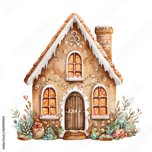 A watercolor painting of Gingerbread House, vector illustration on white background.